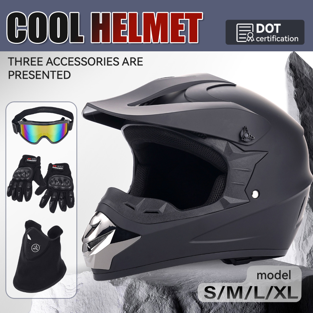 Off Road Motocross Helmet Goggles Set - Off-road motorhelm, vierdelige set, DOT-gecertificeerd, matzwart,